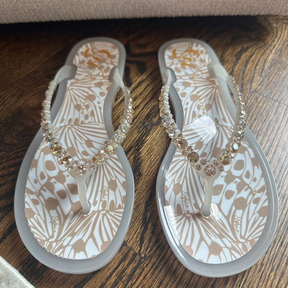 Sophia Webster White and Gold Jeweled Butterfly-Print Jelly Sandals